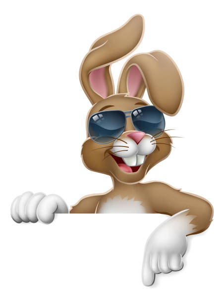 illustrazioni stock, clip art, cartoni animati e icone di tendenza di easter bunny cool rabbit pointing cartoon - funny eggs