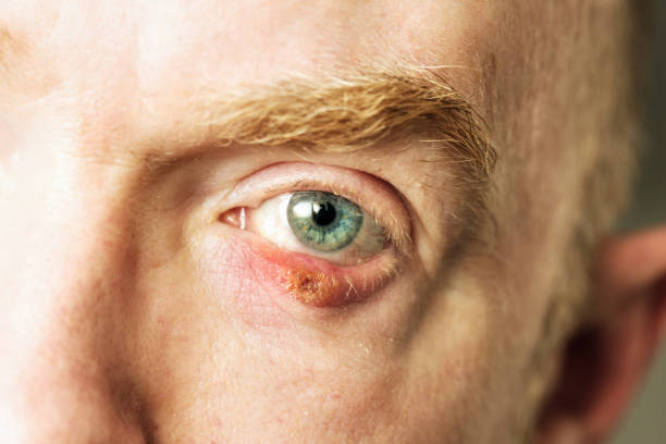 istock Man's infected eye with a chalazion, a blocked sebaceous glad, on the lower eyelid 1180968981