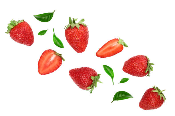 istock Strawberries decorated with green leaves isolated on white background with copy space for your text. Top view. Flat lay pattern 1180969079