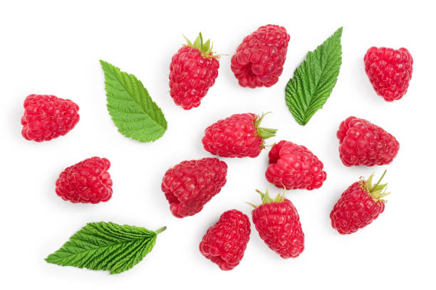 istock raspberries with leaves isolated on white background. Top view. Flat lay 1180969105