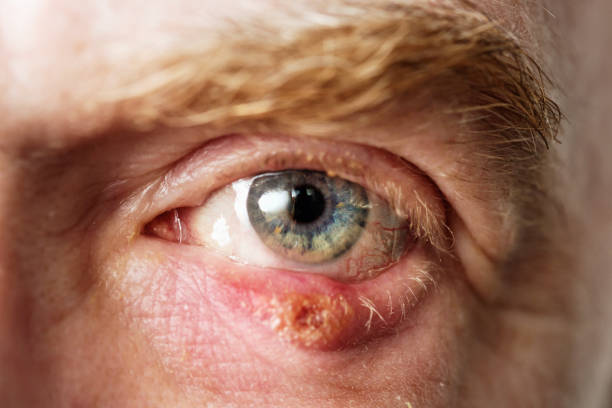 Man's infected eye with a chalazion, a blocked sebaceous glad, on the lower eyelid
