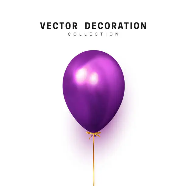 Vector illustration of Balloon isolated on white background. Holiday element design realistic baloon with gold ribbon and bow, violet ballon