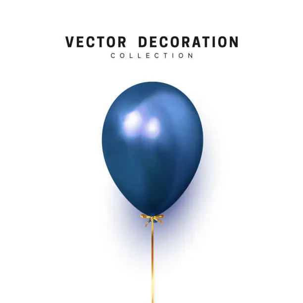 Vector illustration of Balloon isolated on white background. Holiday element design realistic baloon with gold ribbon and bow. blue ballon