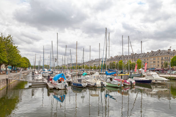 Caen, France - July 21 2017: Boats moored at St. Peter's Basin.