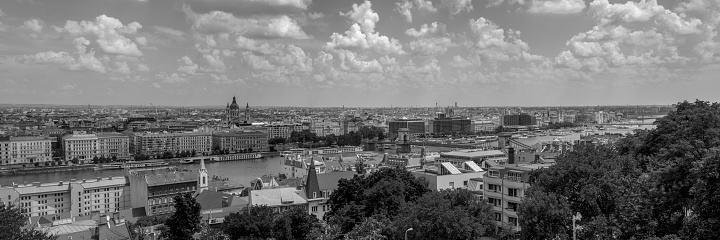 Paris city rooftop view with Napoleon's tomb in black and white.