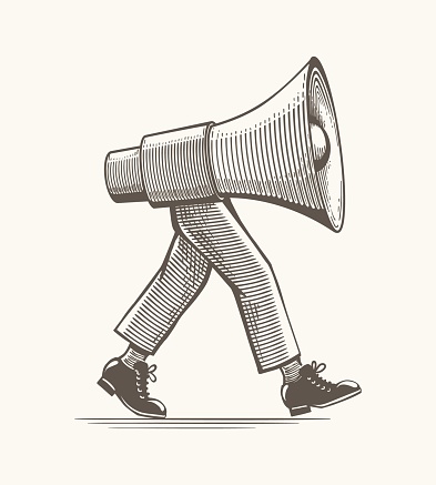 Vintage loudspeaker on feets. Funny old engraved style illustration with megaphone on human legs for communication or advertising concepts, vector icon