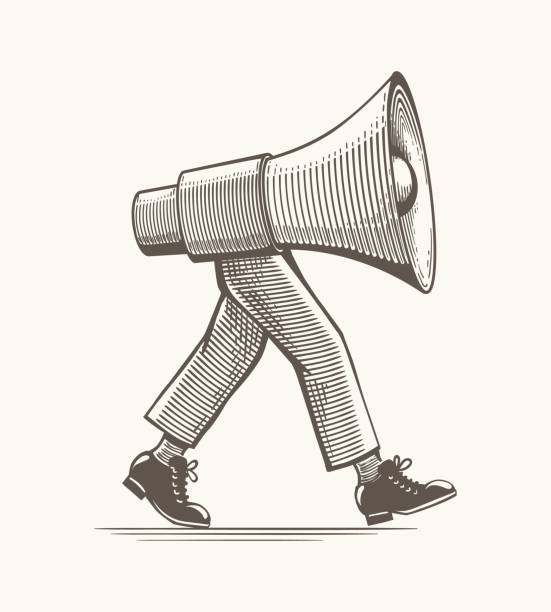 Vintage loudspeaker on feets Vintage loudspeaker on feets. Funny old engraved style illustration with megaphone on human legs for communication or advertising concepts, vector icon walking drawings stock illustrations