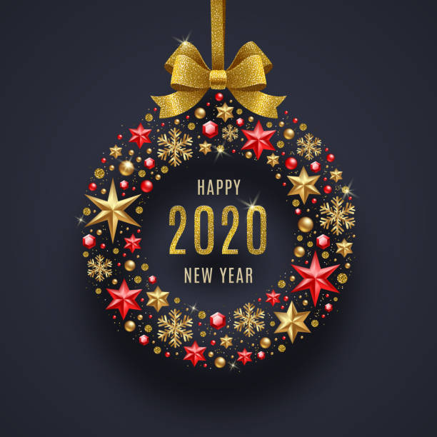 New year 2020 greeting illustration. Abstract holidays bauble made from stars, ruby gems golden snowflakes, beads and glitter gold bow ribbon. vector art illustration