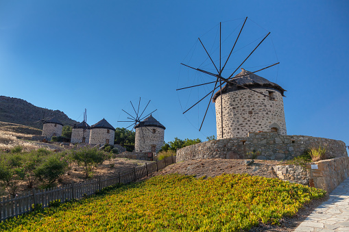 Traditional windmills at Kontias village Lemnos island - Aegean - Greece