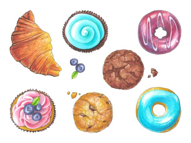 ilustraciones, imágenes clip art, dibujos animados e iconos de stock de ilustraciones de diversos dulces y pasteles. rosquillas, galletas, magdalenas con crema y un cruasán - muffin blueberry muffin blueberry isolated
