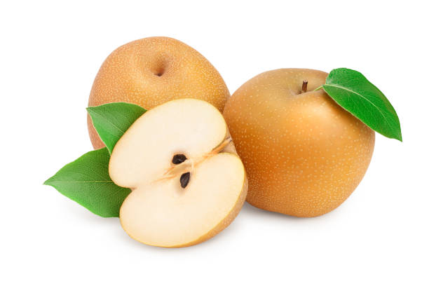 istock Fresh asian pears with leaf isolated on white background 1180981062