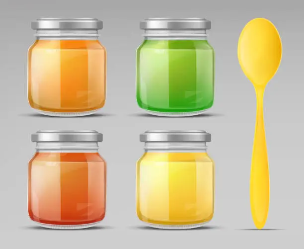 Vector illustration of Baby food jar with spoon glass puree closed bottle