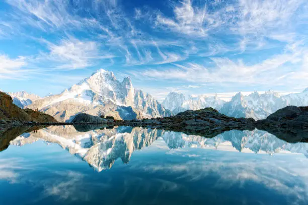 Incredible view of clear water and sky reflection on Lac Blanc lake in France Alps. Monte Bianco mountains range on background. Landscape photography, Chamonix.