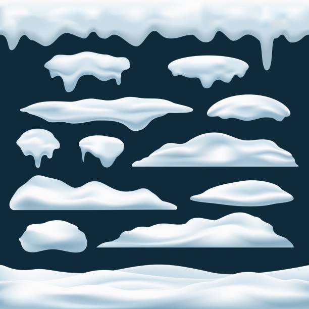 Snow caps and roof icing Snow pile vector icons set. Snows caps and roof icing objects, winter snowdrifts piles collection decoration elements for christmas games, new year banners snowcapped mountain stock illustrations