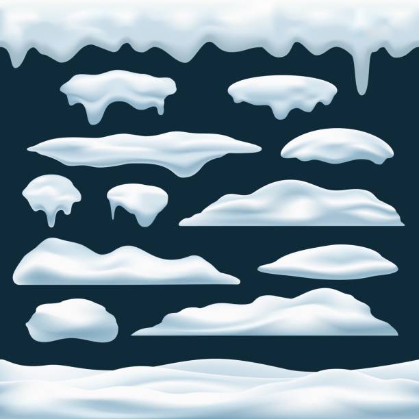 Snow caps and roof icing Snow pile vector icons set. Snows caps and roof icing objects, winter snowdrifts piles collection decoration elements for christmas games, new year banners snow ground texture stock illustrations