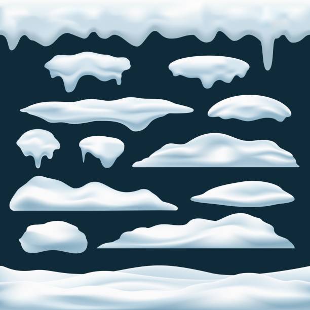 Snow caps and roof icing Snow pile vector icons set. Snows caps and roof icing objects, winter snowdrifts piles collection decoration elements for christmas games, new year banners snowdrift stock illustrations