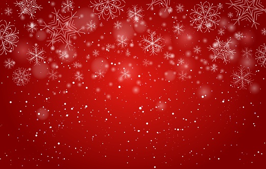 Red bokeh snowflakes background. Xmas beautiful decor image, vector christmas lights and snow flakes frosty sky wrap pattern