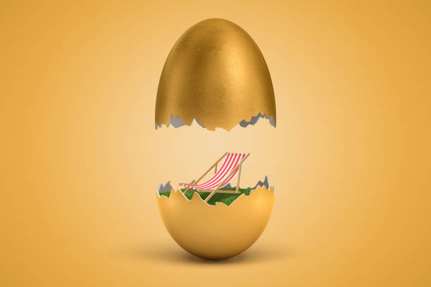 istock 3d rendering of gold egg cracked in two, upper half levitating in air, small deck chair standing on green grass inside lower half. 1180986494