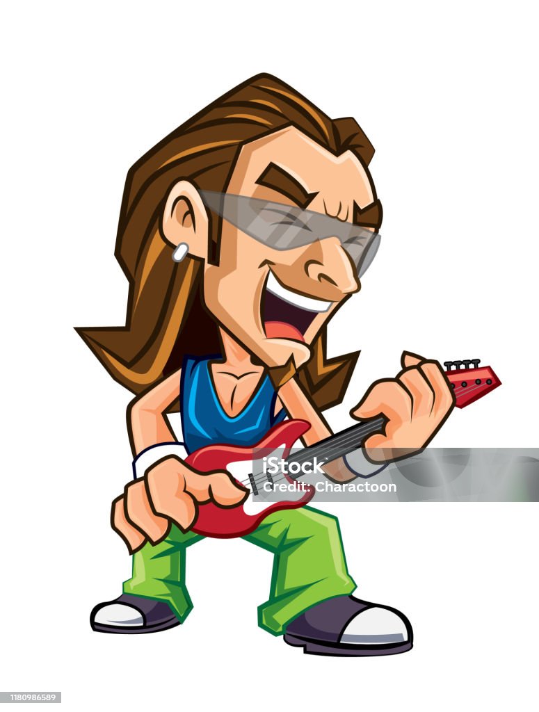 Cartoon Rock Star Character Playing Electronic Guitar Vector Character  Stock Illustration - Download Image Now - iStock