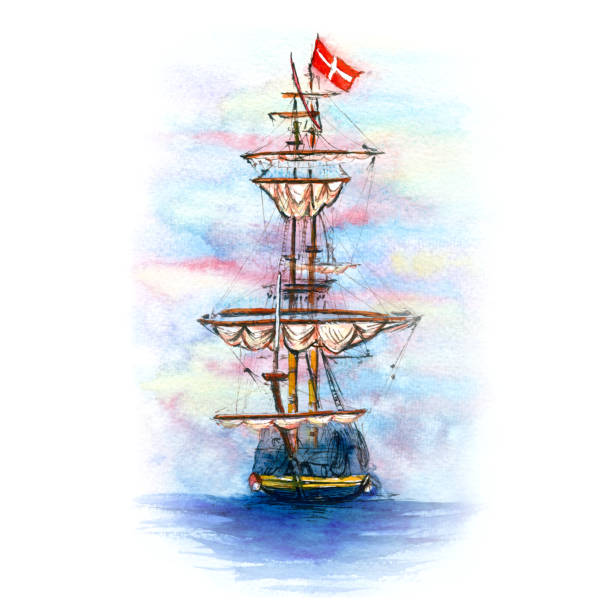 Watercolor of Danish sailing ship Watercolor sketch of Danish sailing ship in Copenhagen, Denmark. nyhavn stock illustrations