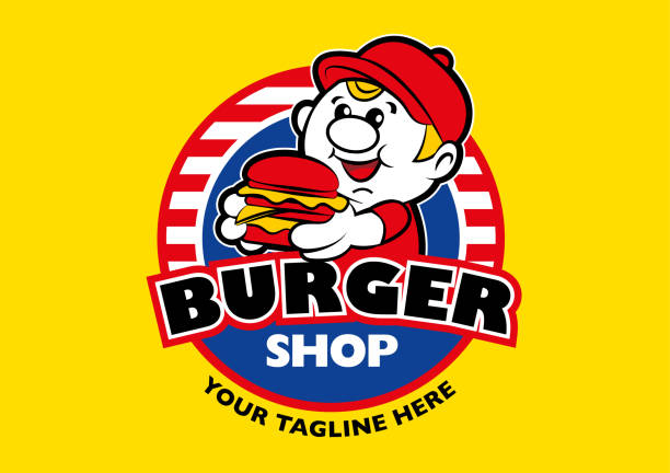 ilustrações, clipart, desenhos animados e ícones de hambúrguer de entrega de personagem de menino gordo bonito cartoon com signage-logotipo do caráter do vetor - burger sandwich hamburger eating