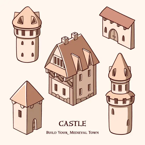 Vector illustration of Medieval ancient buildings set of different kinds of traditional houses isolated vector illustration