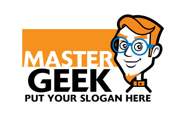 smart geek персонаж носит спецификации с бизнес-вывески имя - вектор логотип - nerd men computer cheerful stock illustrations