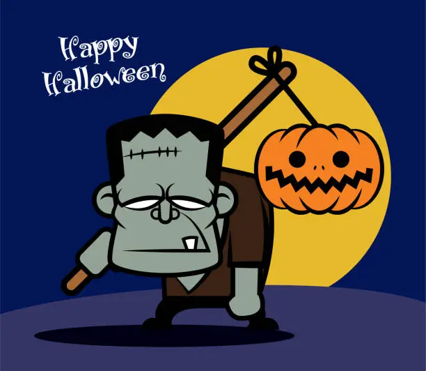 Vector illustration of Happy Halloween. Monster carrying a pumpkin going to halloween party - vector