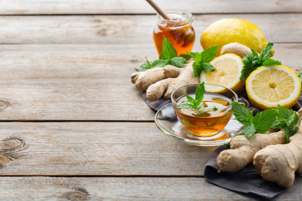 Ginger tea with lemon, mint and honey for flu cold