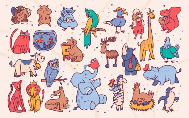 Vector illustration of Cute animals cartoon illustrations set