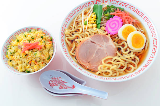 Delicious ramen noodles and fried rice isolated on white background
