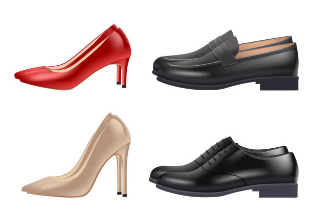 ilustraciones, imágenes clip art, dibujos animados e iconos de stock de zapatos realistas. hombre y mujer noche elegantes zapatos clásicos ilustraciones vectoriales aislados - dress shoe