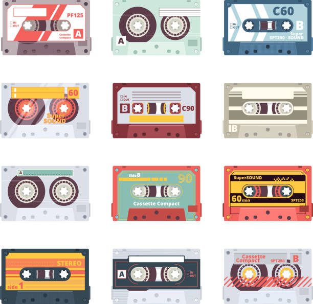 ilustraciones, imágenes clip art, dibujos animados e iconos de stock de cassettes de música. electrónica reproductor de audio mixtape 80s tecnologías estéreo grabación radio vector imágenes planas - personal cassette player