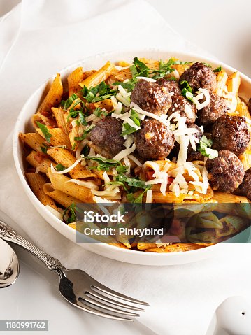 istock pasta and meatballs, Penne pasta with meatballs in tomato sauce, Penne Pasta with meatballs 1180991762
