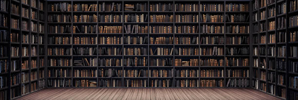 as estantes na biblioteca com livros velhos 3d rendem - library - fotografias e filmes do acervo