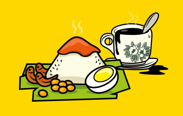 Traditional malay food nasi lemak with Hainanese traditional Coffee (Kopi-O)- malaysia meal set vector illustration Traditional malay food nasi lemak with Hainanese traditional Coffee (Kopi-O)- malaysia meal set vector illustration traditional malaysian food stock illustrations