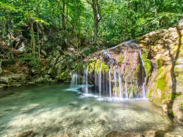 istock Small waterfall on the river in the mountains. 1180994653
