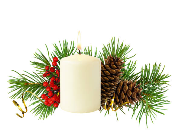 istock Christmas composition with pine twigs, candle, cones and red berries 1180996258