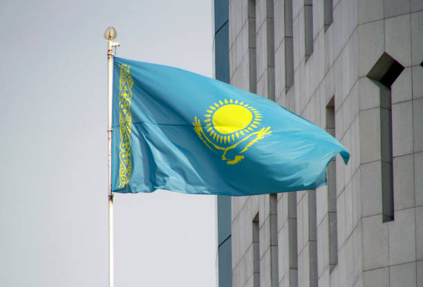 Kazakhstan national flag in the wind stock photo