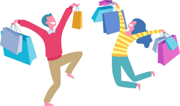 Happy people with shopping bags - man and woman. Happy people with shopping bags - man and woman jumpimg and laughing. happy family shopping stock illustrations