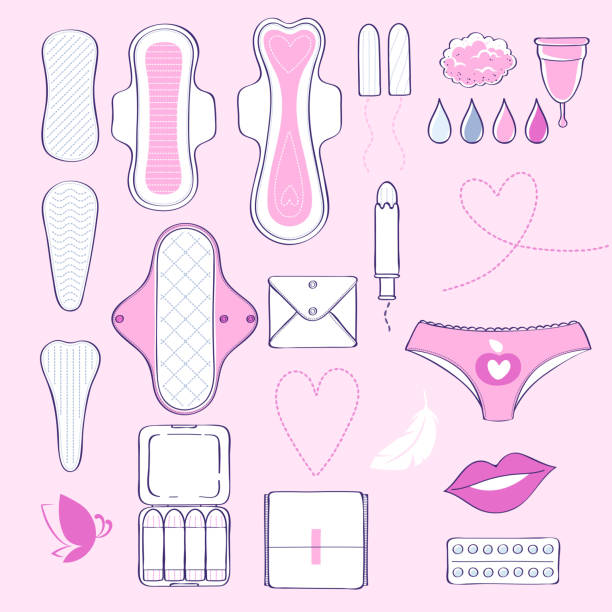 Feminine hygiene - sanitary napkins, pantyliners and tampons icon set. Feminine hygiene - sanitary napkins, pantyliners and tampons icon set. Women menstrual period illustration. womens issues stock illustrations