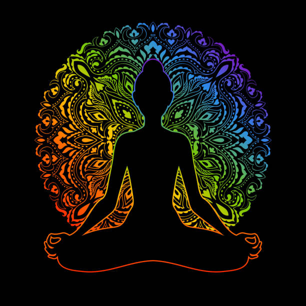 istock Meditating woman with rainbow aura in lotus pose. Yoga illustration. 1180997652