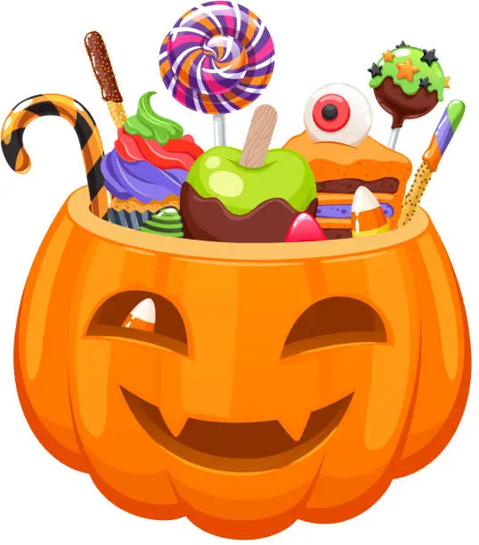 Vector illustration of Pumpkin bucket with Halloween sweets and candies.