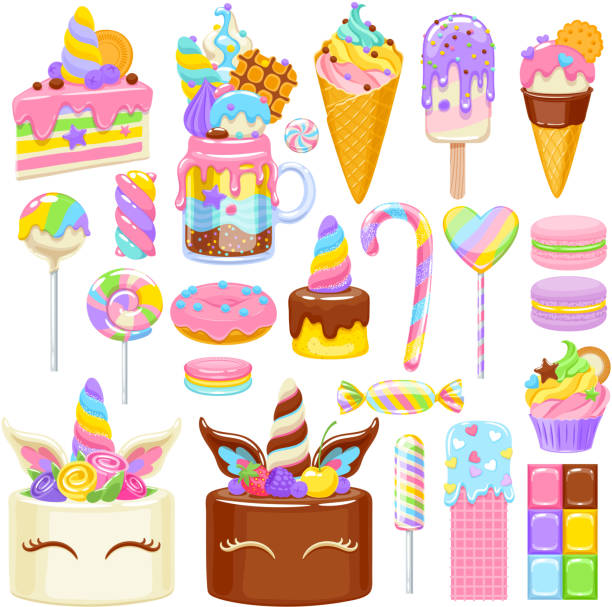 единорог радуги сладости набор. ассорти из канюки, печенье и пирожные. - stick of hard candy candy striped toughness stock illustrations