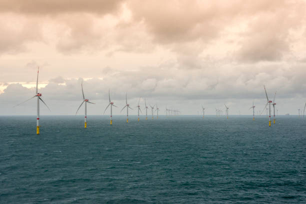istock Sunset over offshore wind farm - green power generation 1181001193