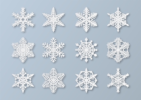 Paper snowflakes. New year and christmas papercut 3d snowflake elements. White winter snow ornament decoration, origami abstract ice vector set