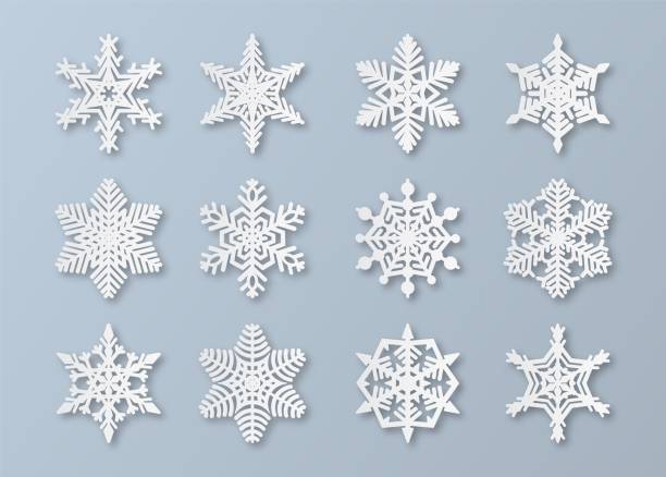 Paper snowflakes. New year and christmas papercut 3d snowflake elements. White winter snow ornament decoration, origami vector set Paper snowflakes. New year and christmas papercut 3d snowflake elements. White winter snow ornament decoration, origami abstract ice vector set snowflake shape icons stock illustrations