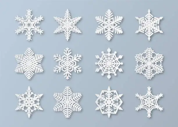 Vector illustration of Paper snowflakes. New year and christmas papercut 3d snowflake elements. White winter snow ornament decoration, origami vector set