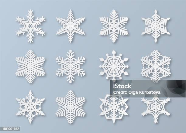 紙雪花新年和耶誕節剪紙3d雪花元素白色冬季雪飾裝飾折紙向量套裝向量圖形及更多雪花形圖片 - 雪花形, 紙, 聖誕節