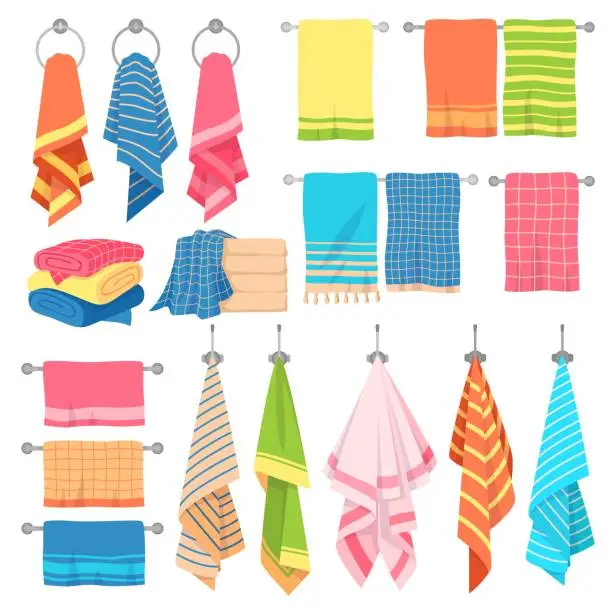 Vector illustration of Hanging towels. Hang fabric soft color fresh textile kitchen or bath towel vector isolated set with checkered elements